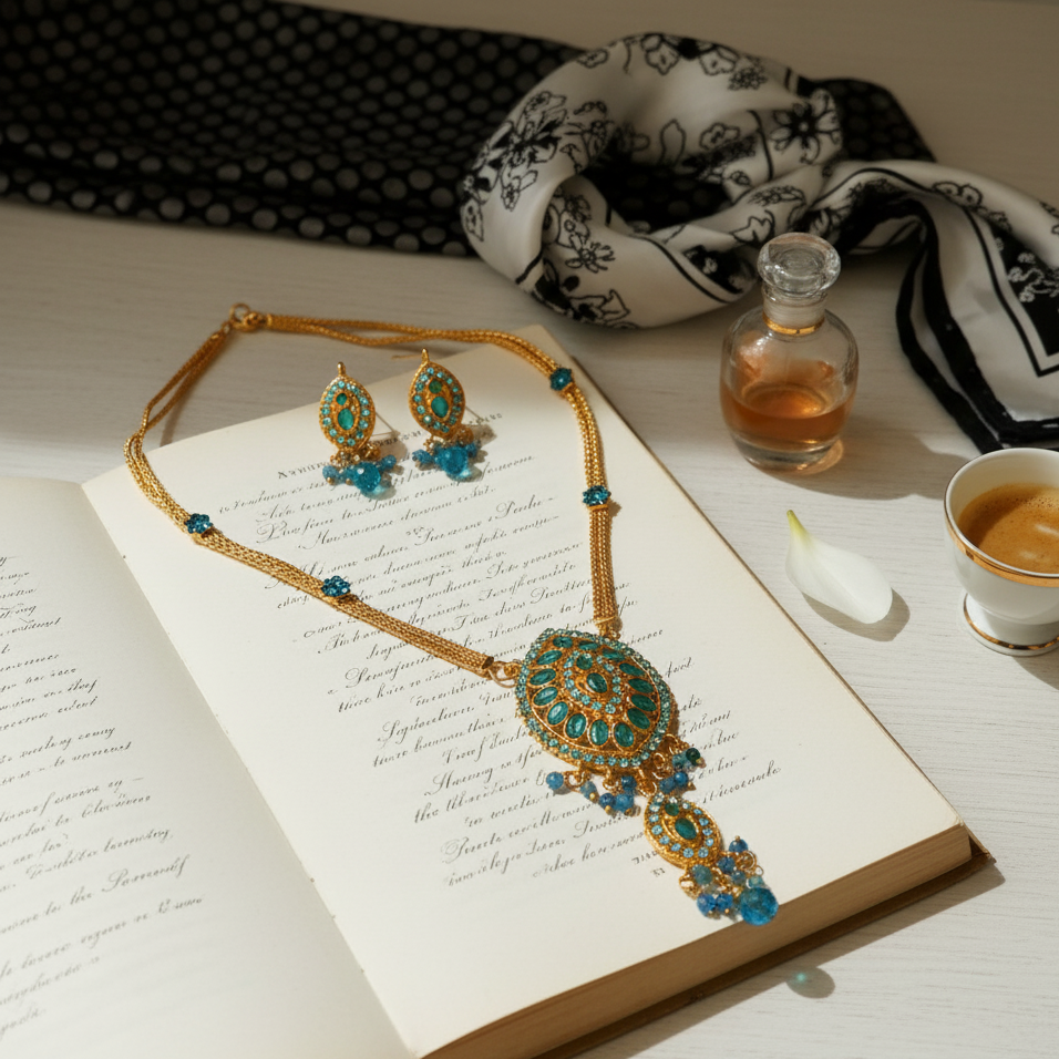 The99Jewel Gold Plated Blue Austrian Stone Necklace Set