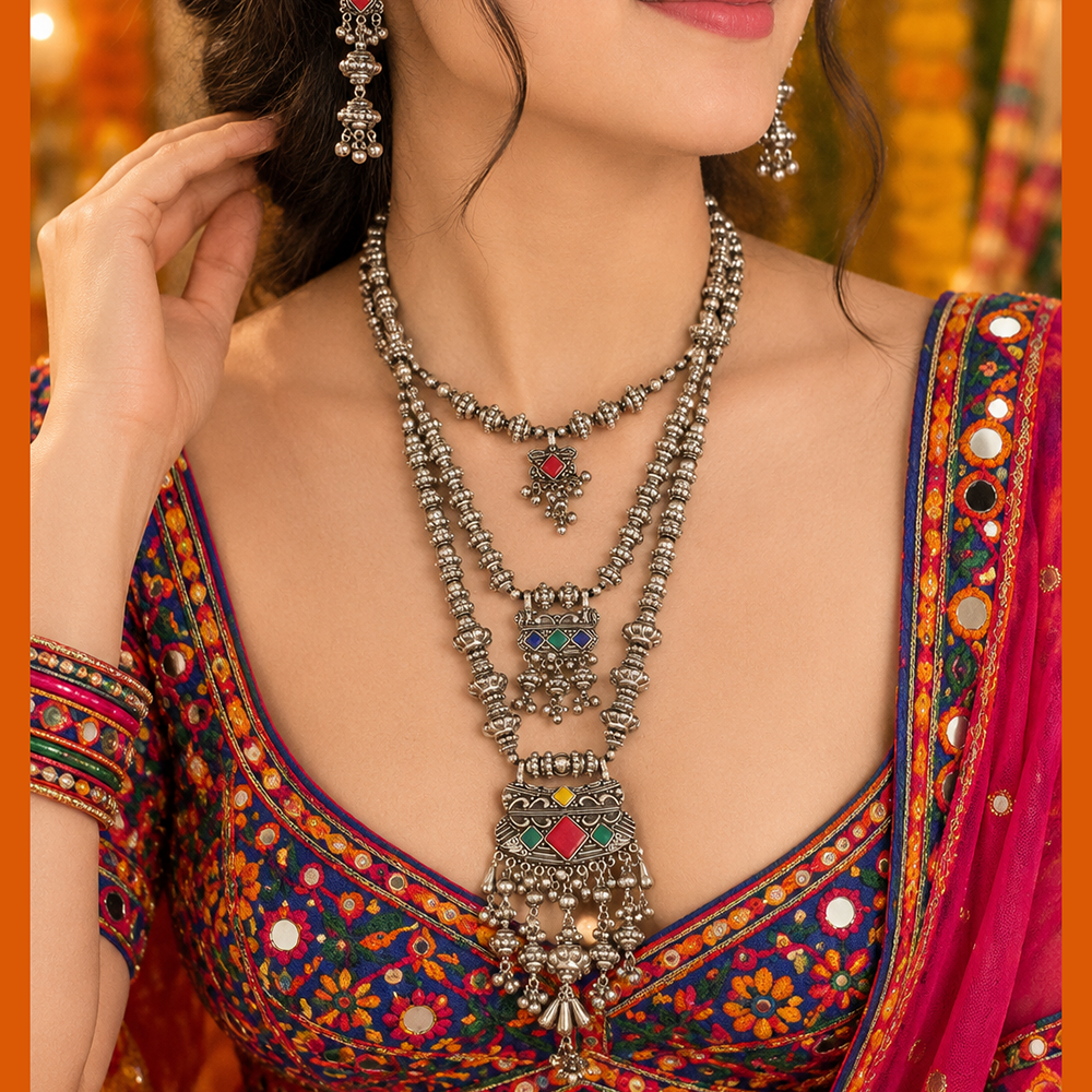 The99Jewel Traditional Oxidised Plated Long Necklace Set for Navratri | Garba & Dandiya Festive Jewellery