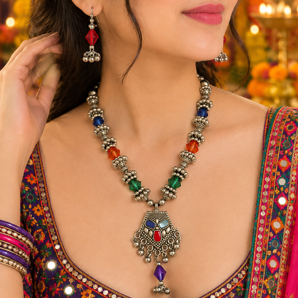 The99Jewel Traditional Oxidised Plated Long Necklace Set for Navratri with colorful Beads and Mirror Work