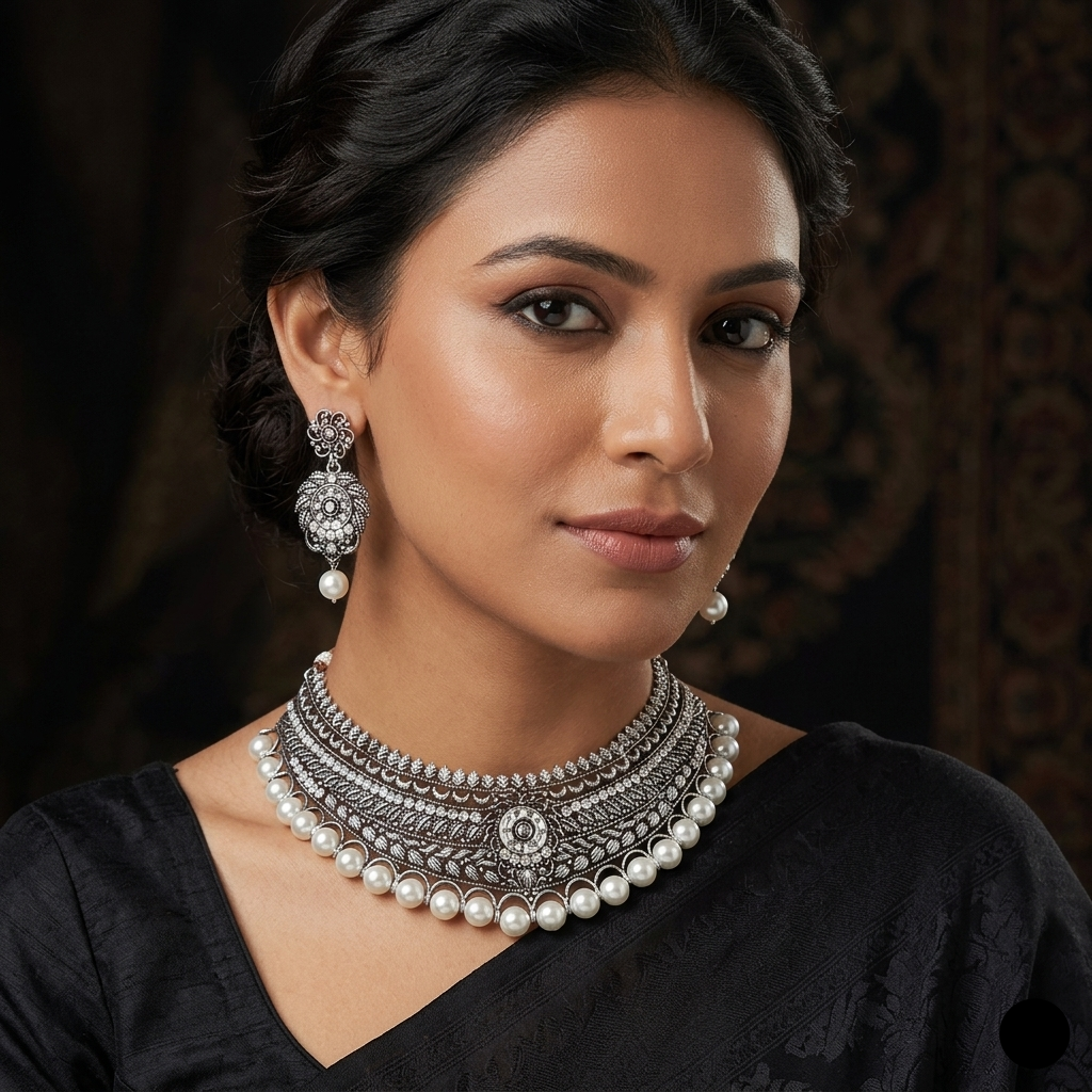 The99Jewel Oxidised Plated Designer Pearl Choker Necklace Set