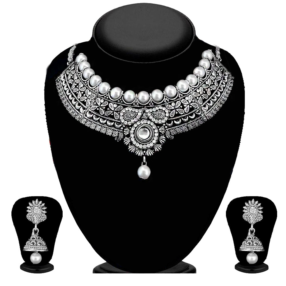 The99Jewel Oxidised Plated Designer Pearl Choker Necklace Set