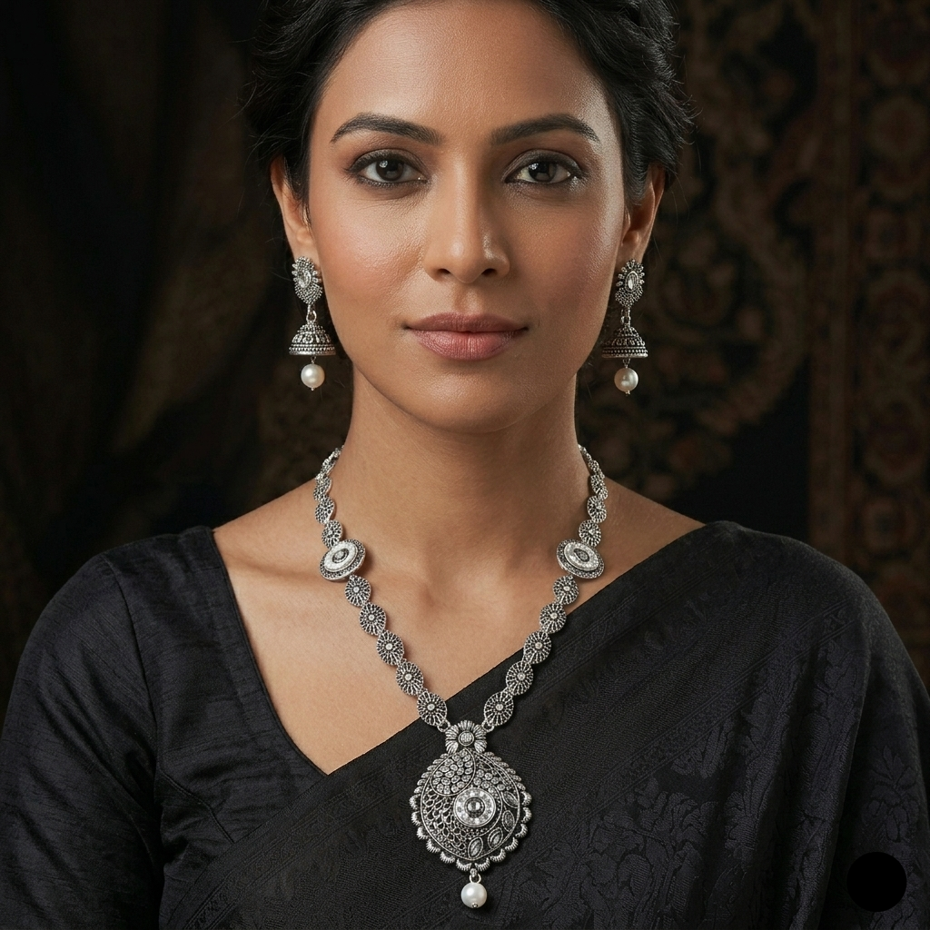 The99Jewel Oxidised Plated Designer Long  Necklace Set