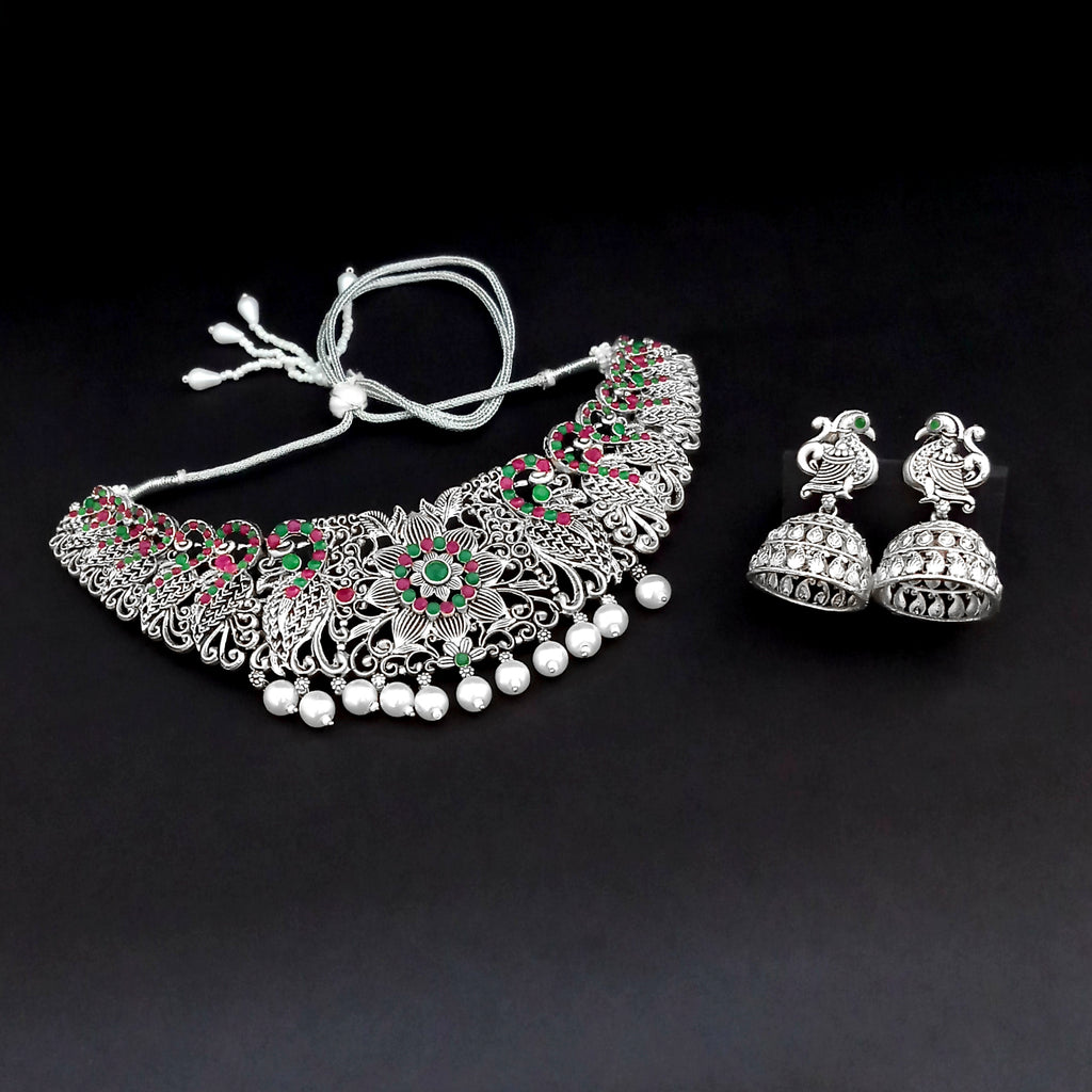 The99Jewel Oxidised Plated Designer Pearl Choker Necklace Set