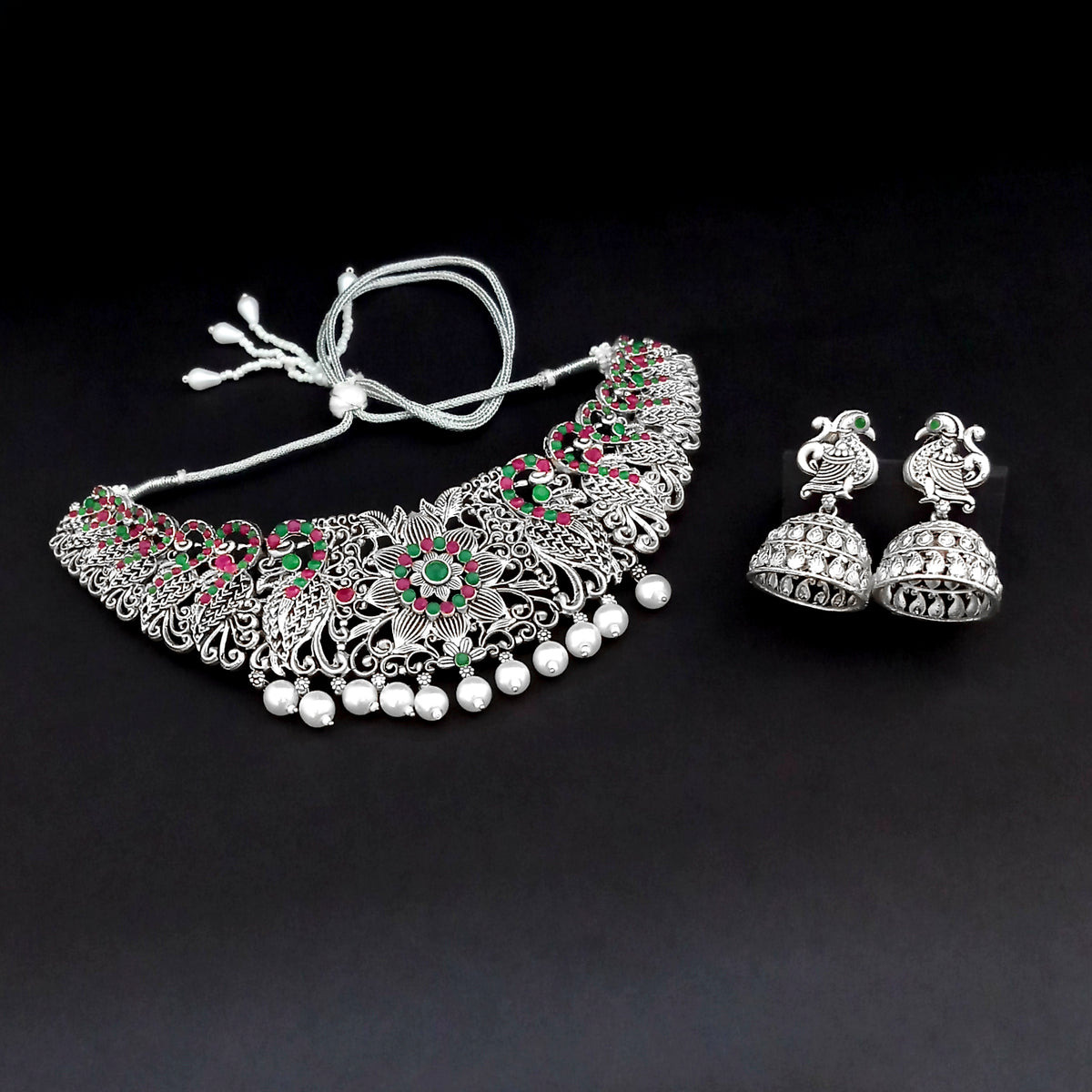 The99Jewel Oxidised Plated Designer Pearl Choker Necklace Set
