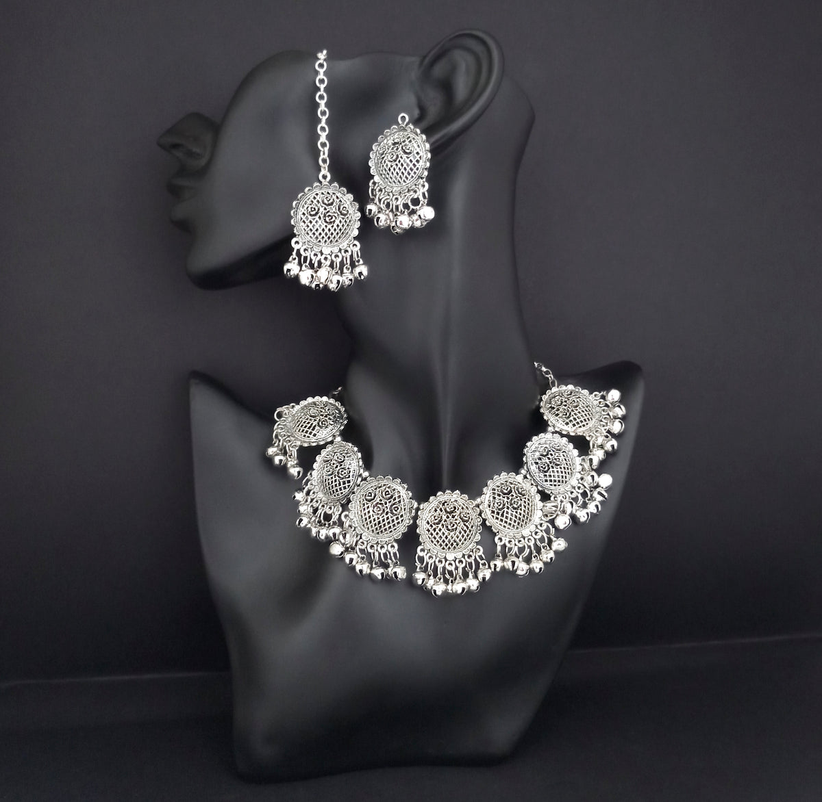 The99Jewel Oxidised Plated Designer Necklace Set With Maangtikka
