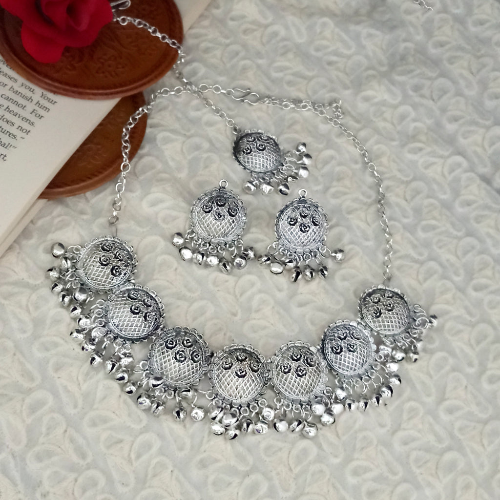 The99Jewel Oxidised Plated Designer Necklace Set With Maangtikka