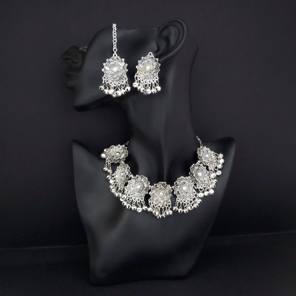 The99Jewel Oxidised Plated Designer Necklace Set With Maangtikka