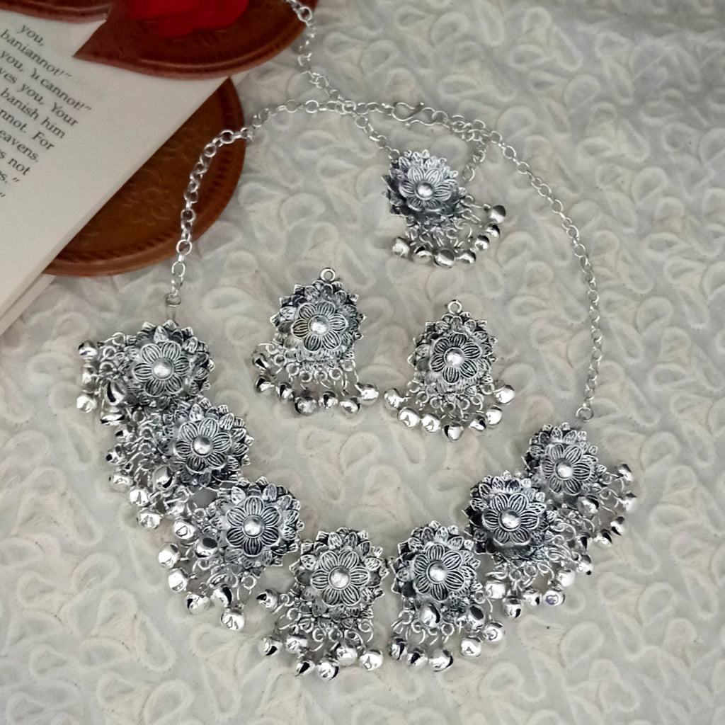 The99Jewel Oxidised Plated Designer Necklace Set With Maangtikka