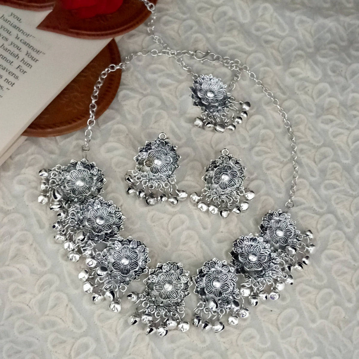 The99Jewel Oxidised Plated Designer Necklace Set With Maangtikka