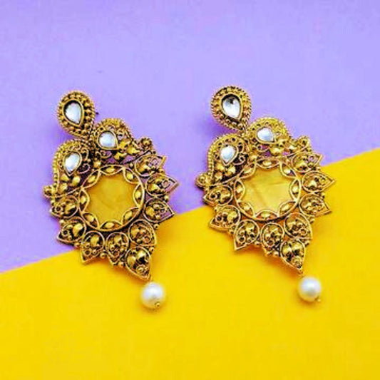Kundan Resin Pearl Gold Plated Dangle Earrings