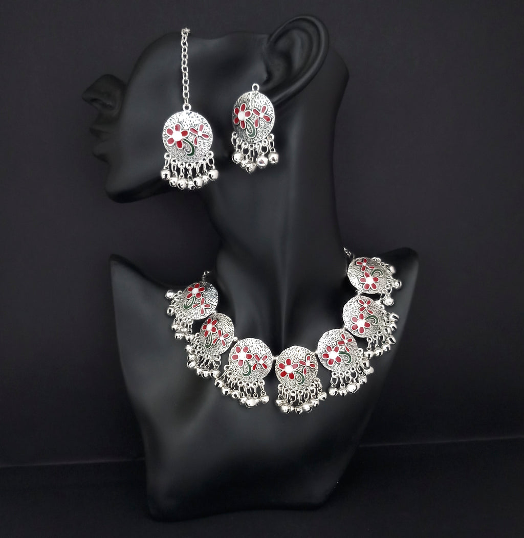The99Jewel Oxidised Plated Designer Necklace Set With Maangtikka