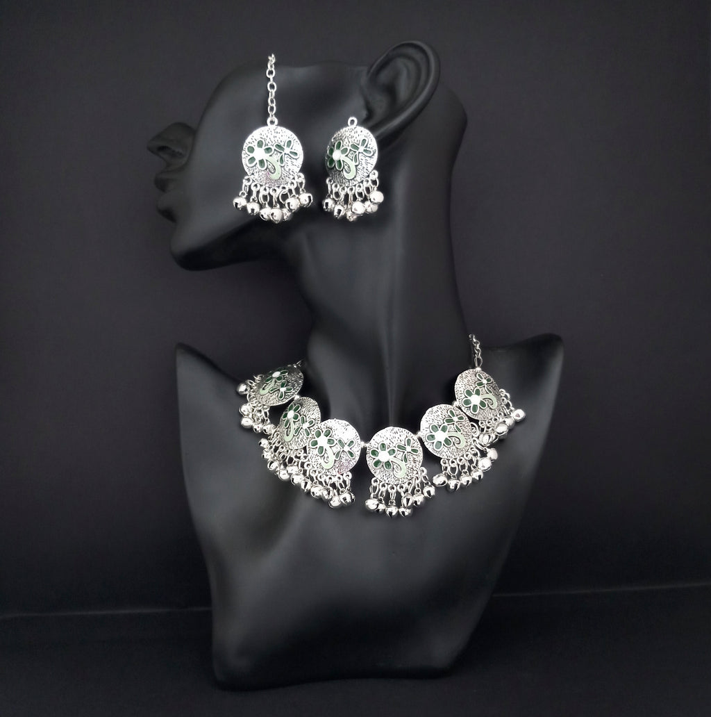 The99Jewel Oxidised Plated Designer Necklace Set With Maangtikka