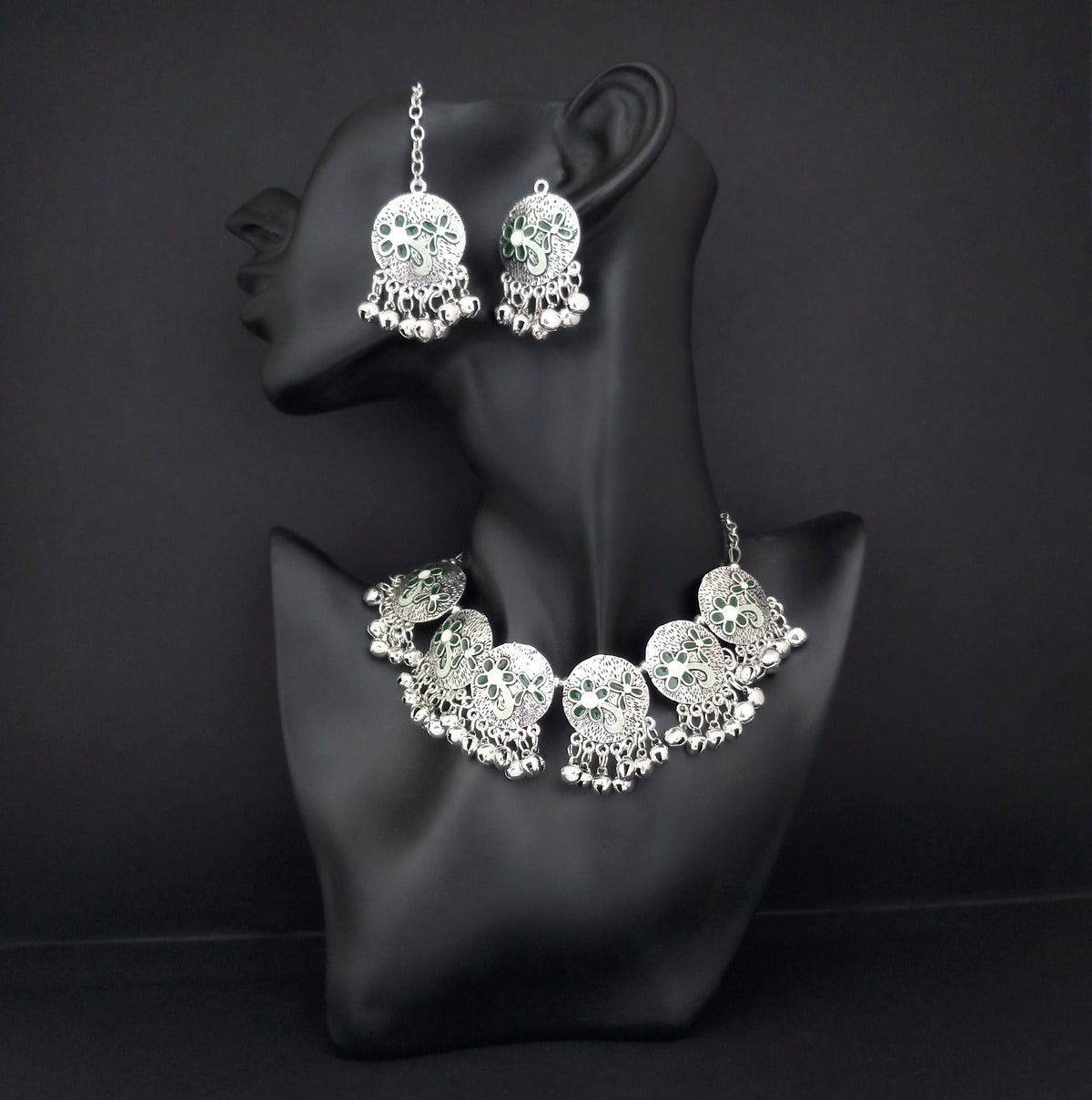 The99Jewel Oxidised Plated Designer Necklace Set With Maangtikka