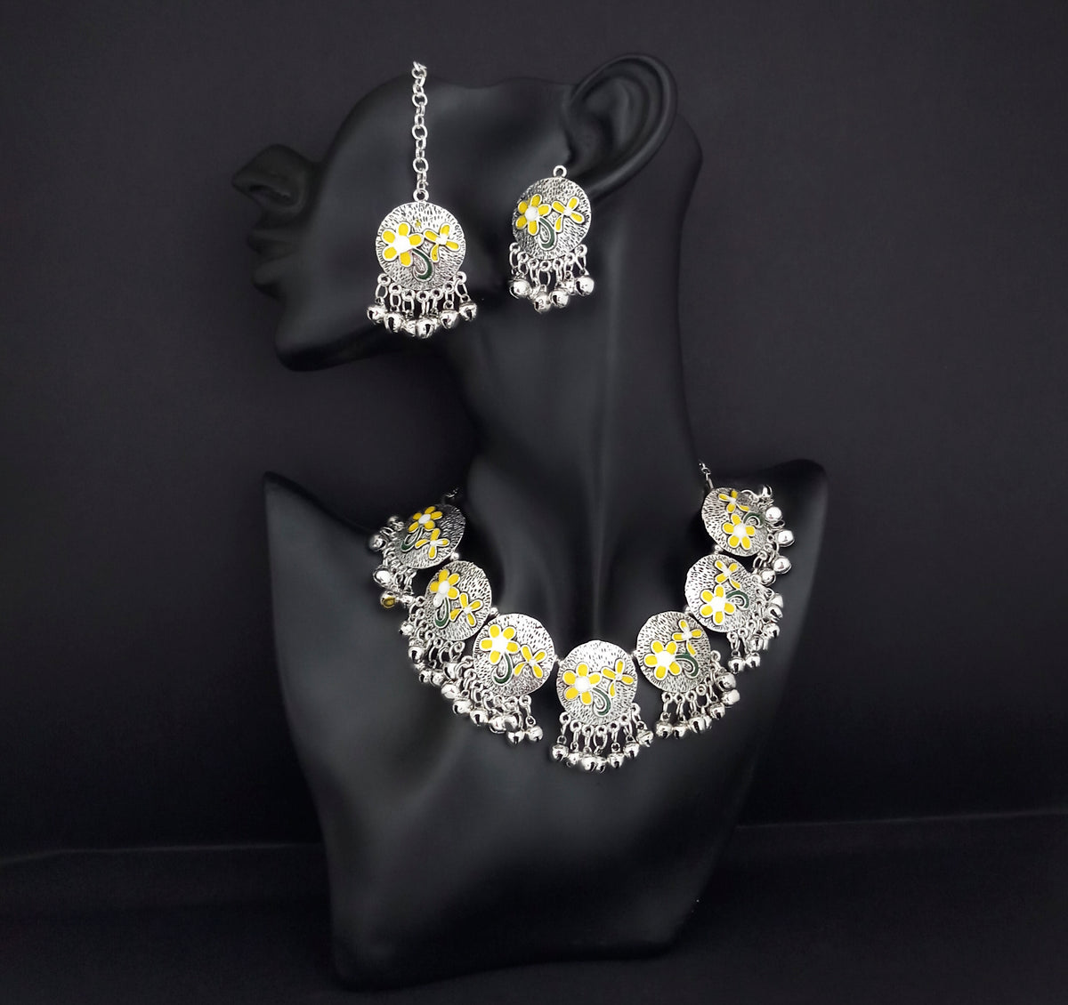 The99Jewel Oxidised Plated Designer Necklace Set With Maangtikka