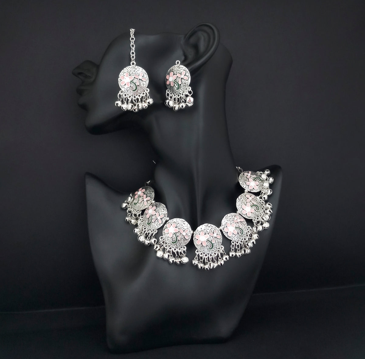 The99Jewel Oxidised Plated Designer Necklace Set With Maangtikka