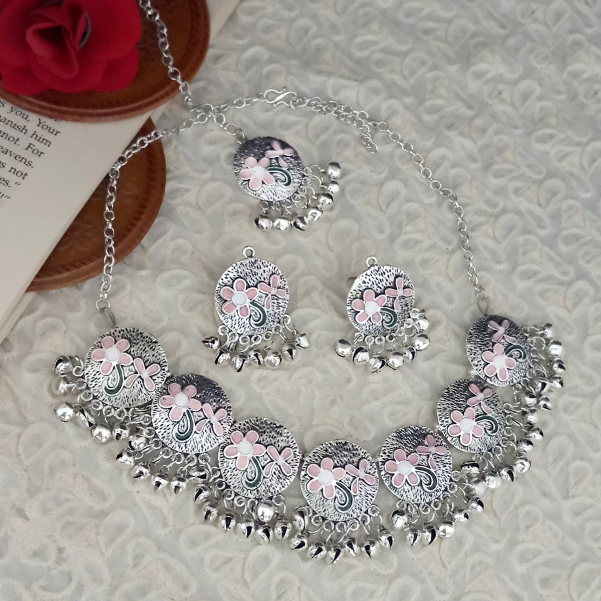 The99Jewel Oxidised Plated Designer Necklace Set With Maangtikka