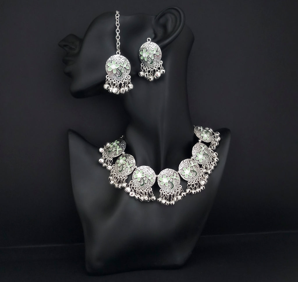 The99Jewel Oxidised Plated Designer Necklace Set With Maangtikka