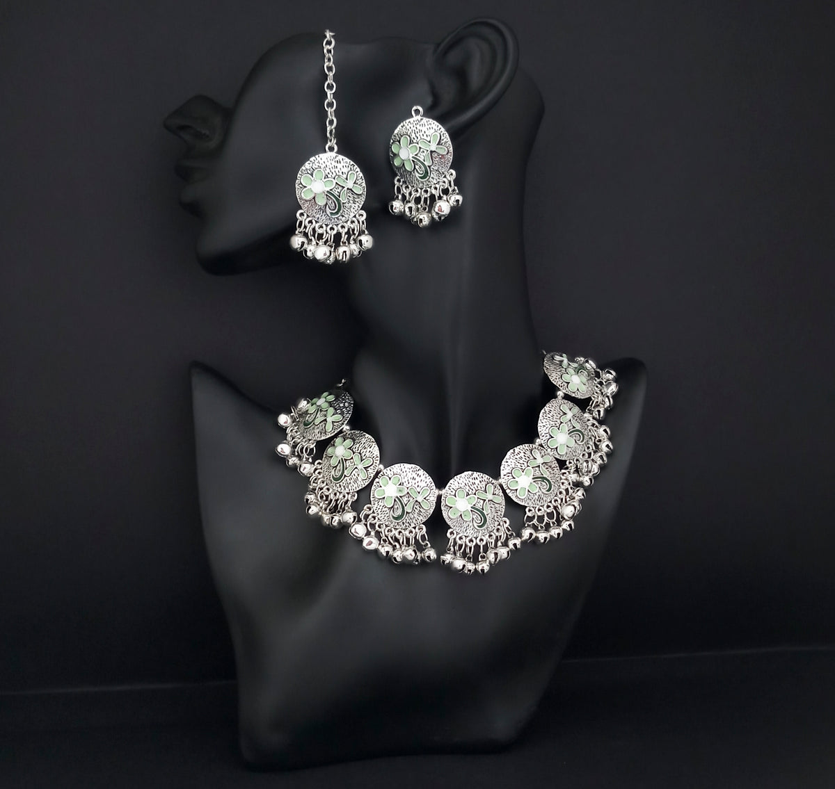 The99Jewel Oxidised Plated Designer Necklace Set With Maangtikka
