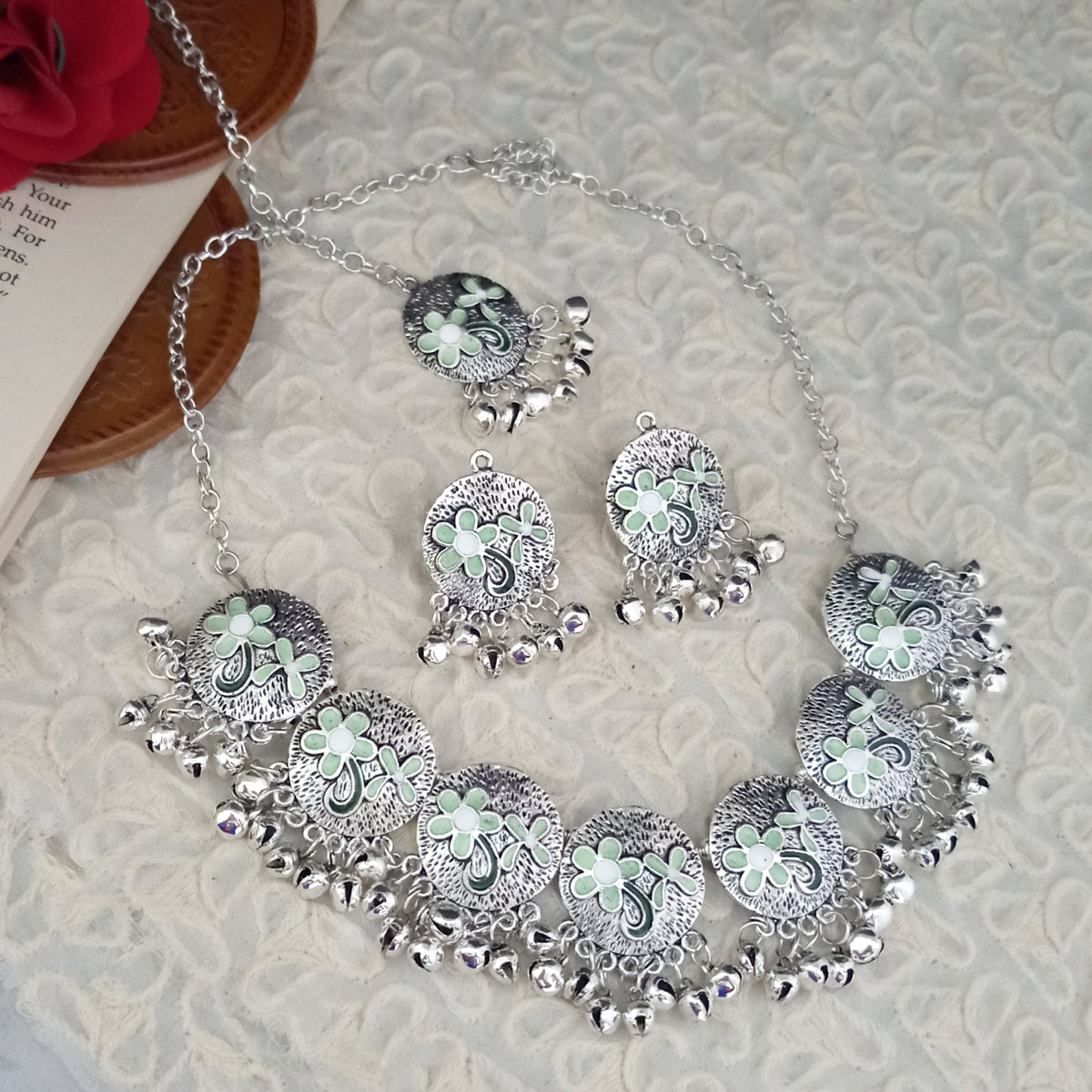 The99Jewel Oxidised Plated Designer Necklace Set With Maangtikka