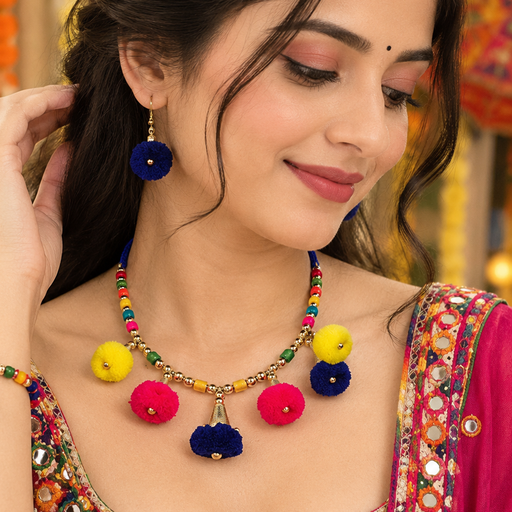 The99Jewel Traditional Oxidised Plated Necklace  for Navratri With Mirror and pom pom 
