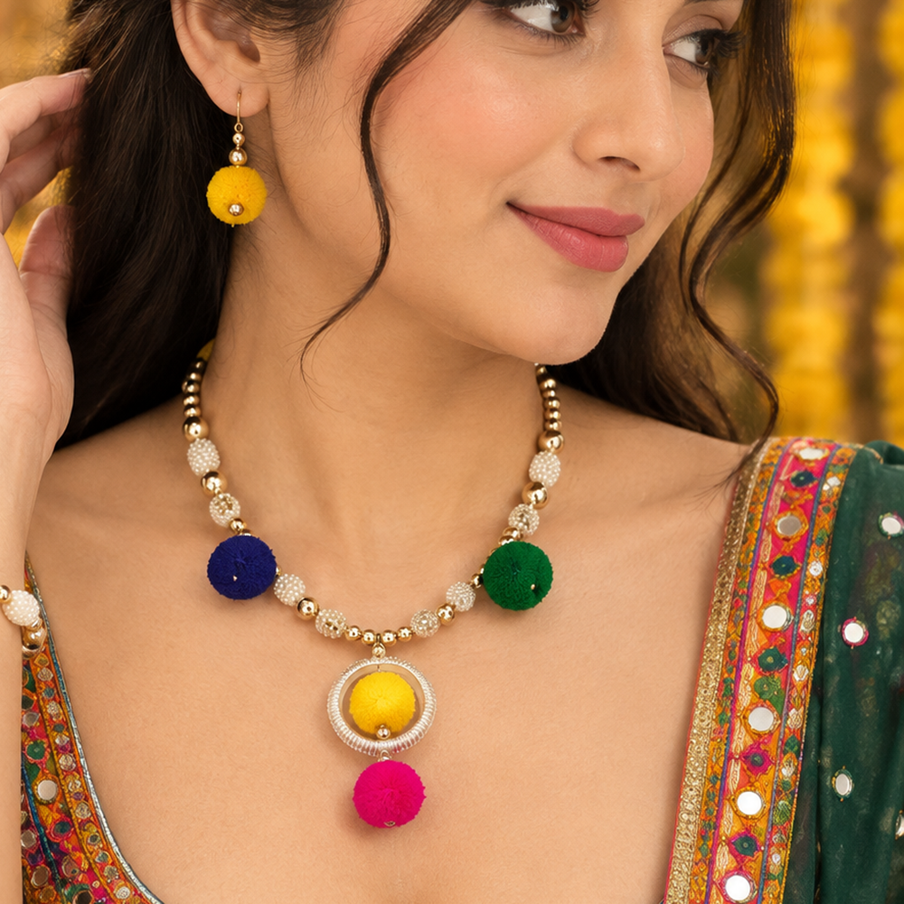 The99Jewel Traditional Oxidised Plated Necklace  for Navratri With Colorful pom pom 