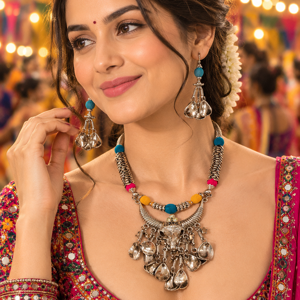 The99Jewel Traditional Oxidised Plated Long Necklace Set for Navratri With Animal Face Pendant