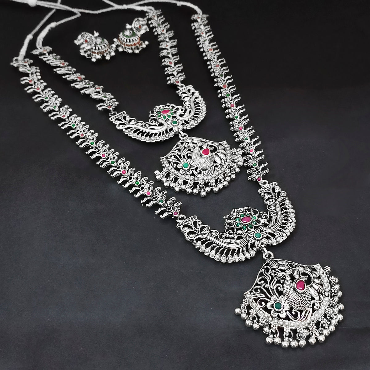 The99Jewel Oxidised Pota Stone Double Layer Necklace Set for Women | Designer Ethnic Jewellery