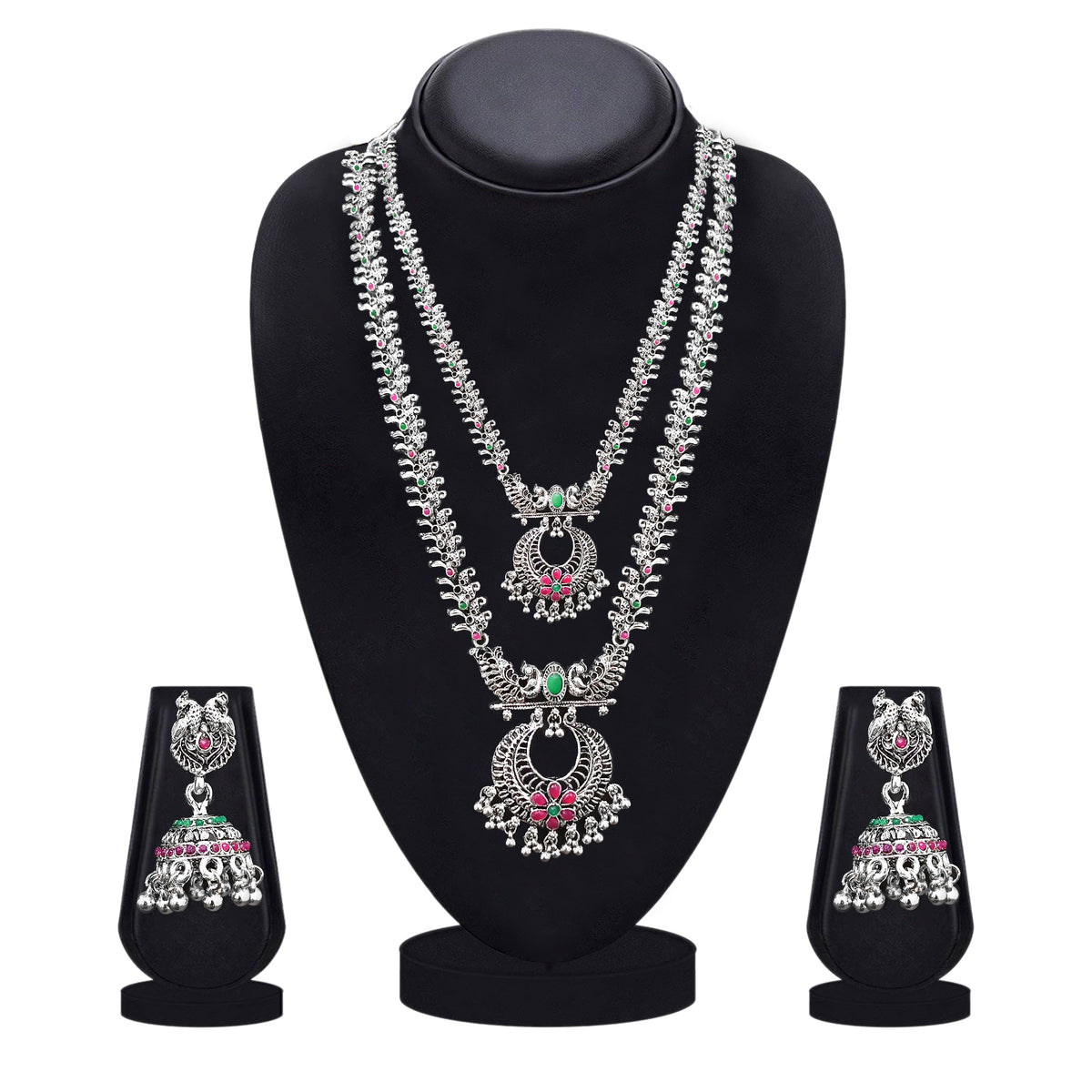 The99Jewel Oxidised Pota Stone Double Layer Necklace Set for Women | Designer Ethnic Jewellery