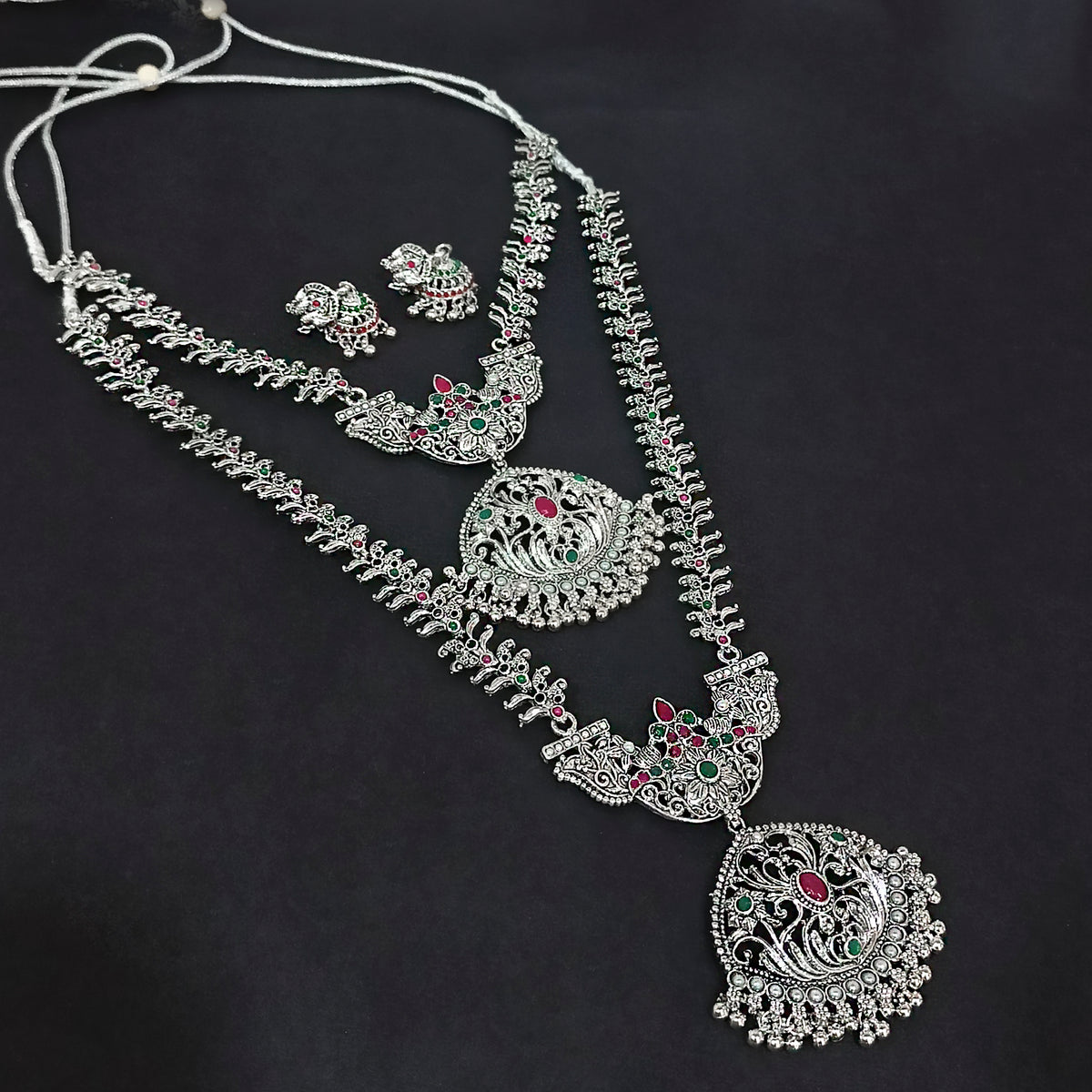 The99Jewel Oxidised Pota Stone Double Layer Necklace Set for Women | Designer Ethnic Jewellery