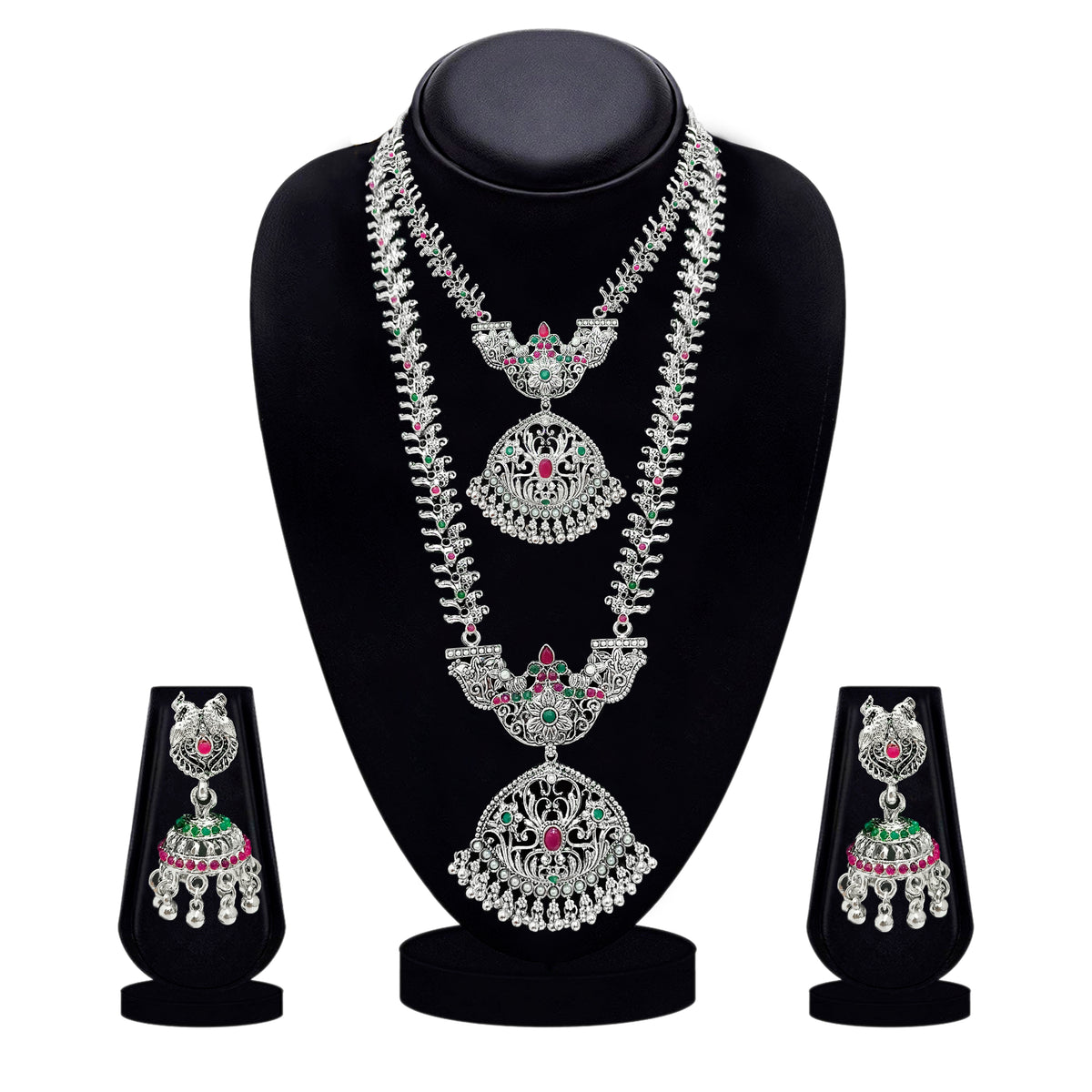 The99Jewel Oxidised Pota Stone Double Layer Necklace Set for Women | Designer Ethnic Jewellery