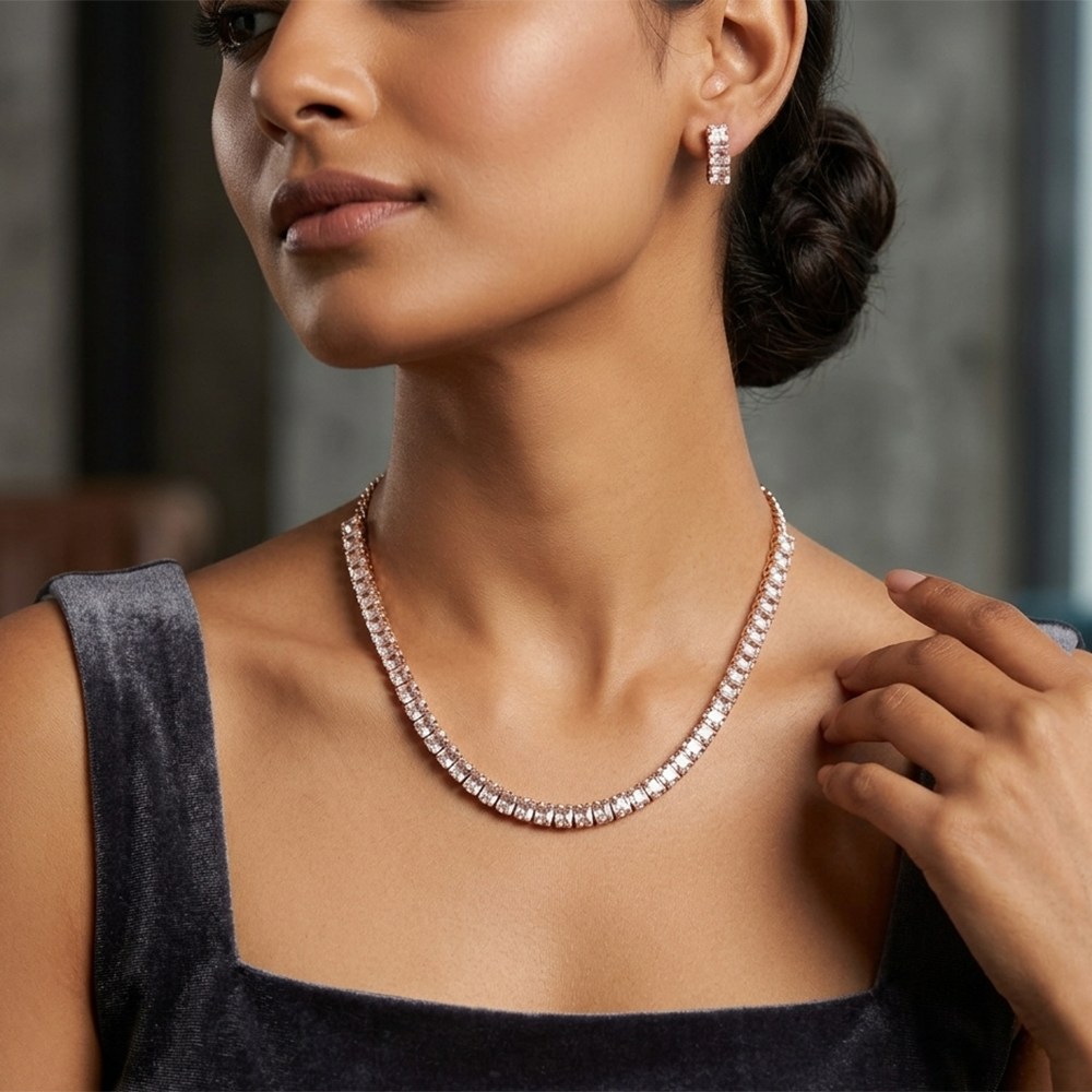 The99Jewel American Diamond Rose Gold PlatedNecklace Set