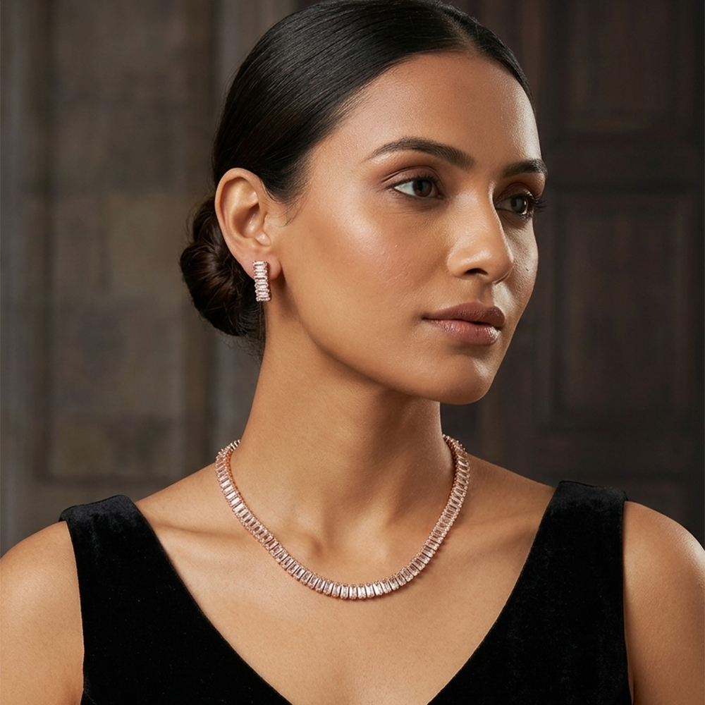 The99Jewel American Diamond Rose Gold PlatedNecklace Set