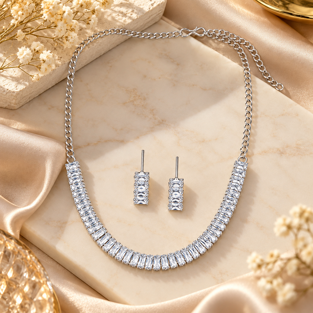 The99Jewel Crystal Stone Silver Plated Necklace Set with Matching Drop Earrings