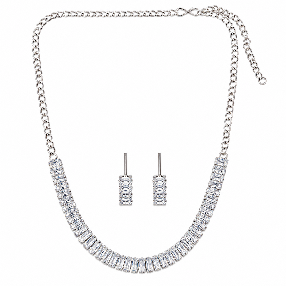 The99Jewel Crystal Stone Silver Plated Necklace Set with Matching Drop Earrings