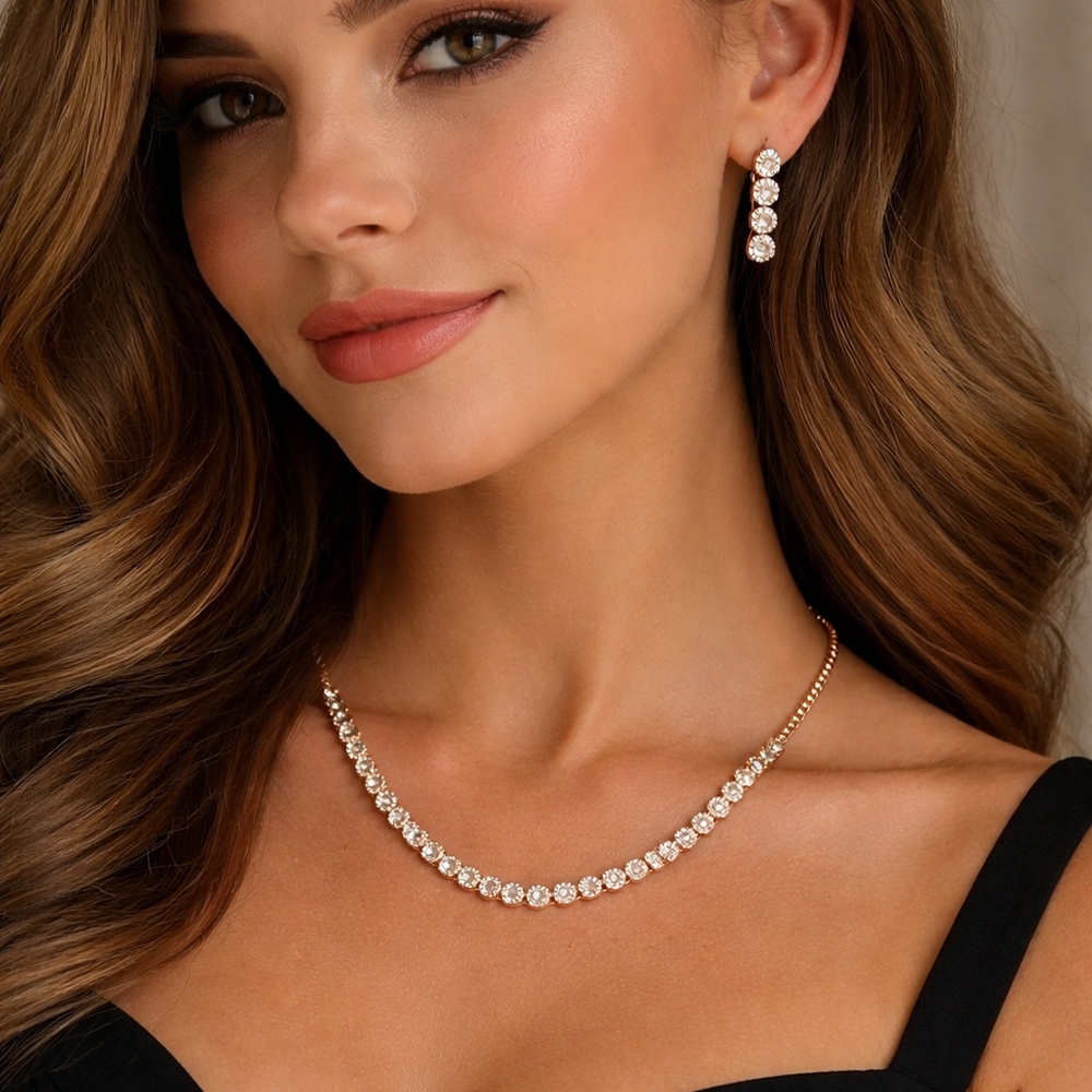 The99Jewel American Diamond Rose Gold PlatedNecklace Set