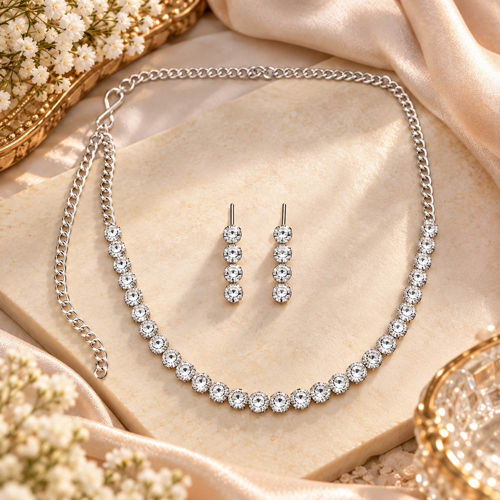 The99Jewel Crystal Stone Silver Plated Necklace Set with Matching Drop Earrings