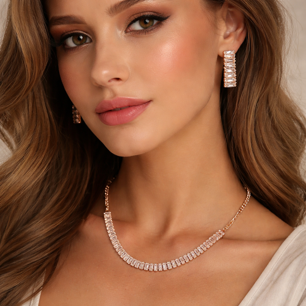 The99Jewel American Diamond Rose Gold PlatedNecklace Set