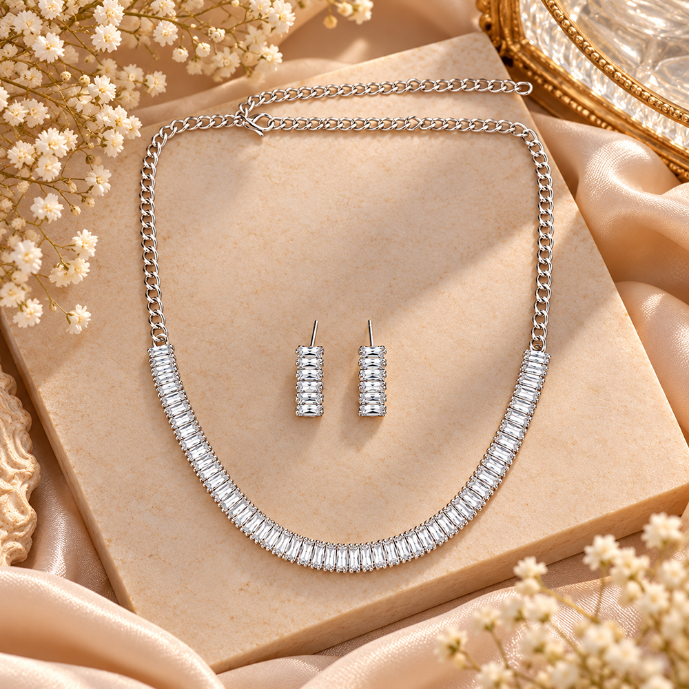 The99Jewel Crystal Stone Silver Plated Necklace Set with Matching Drop Earrings