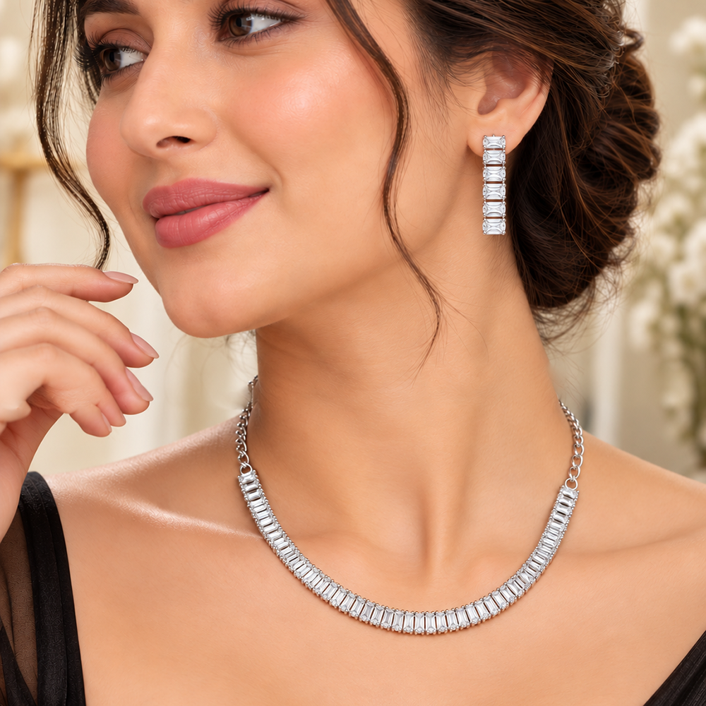 The99Jewel Crystal Stone Silver Plated Necklace Set with Matching Drop Earrings