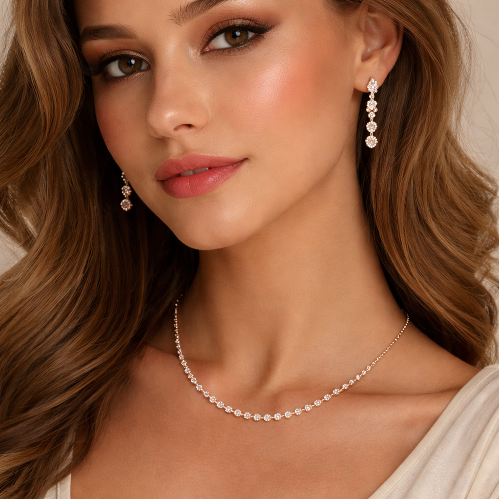 The99Jewel American Diamond Rose Gold PlatedNecklace Set