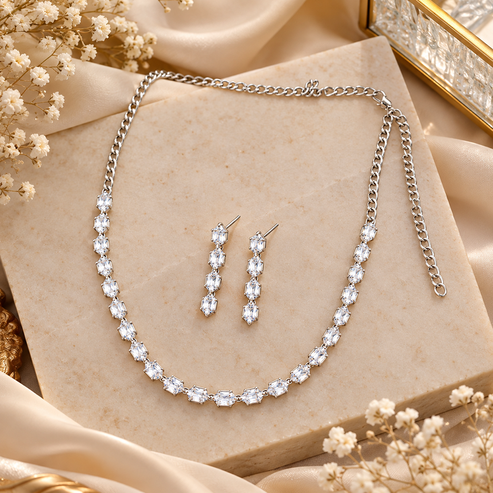 The99Jewel Crystal Stone Silver Plated Necklace Set with Matching Drop Earrings