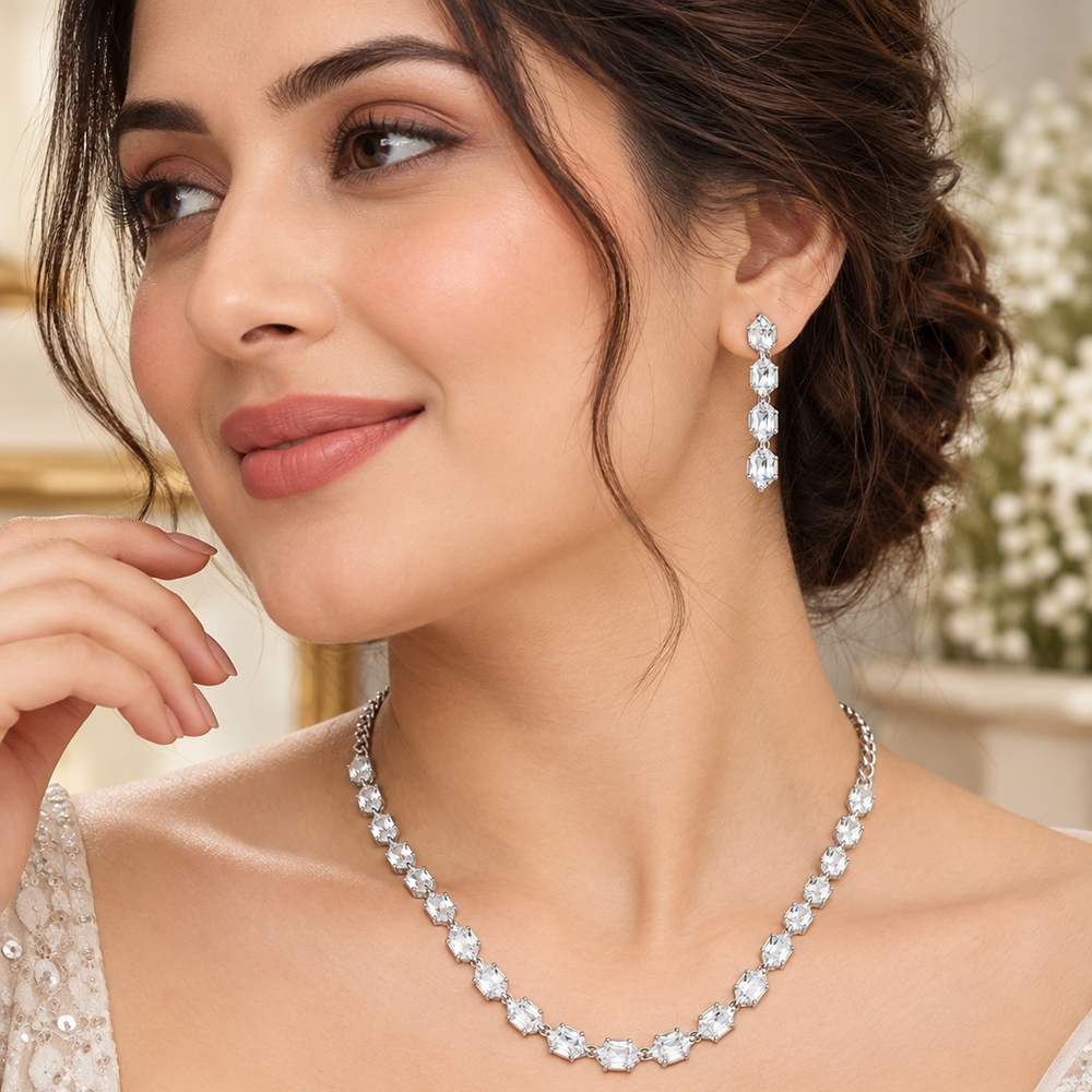 The99Jewel Crystal Stone Silver Plated Necklace Set with Matching Drop Earrings