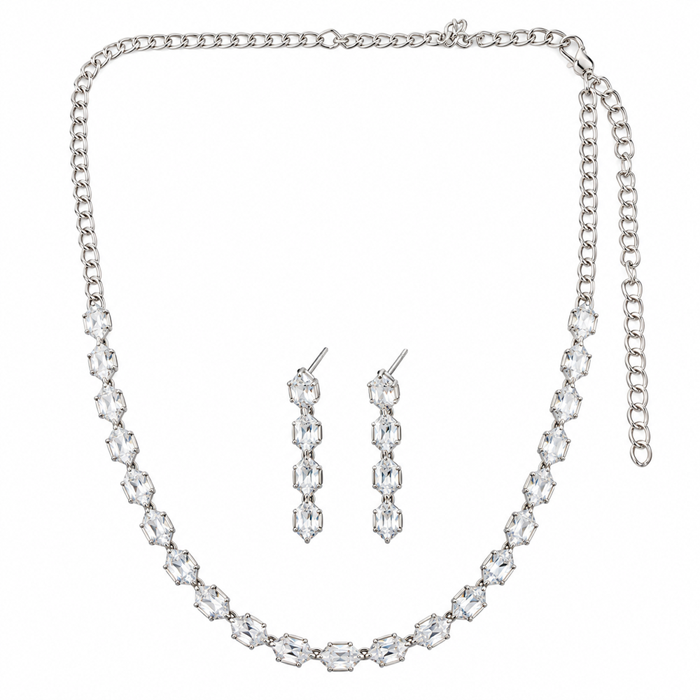 The99Jewel Crystal Stone Silver Plated Necklace Set with Matching Drop Earrings