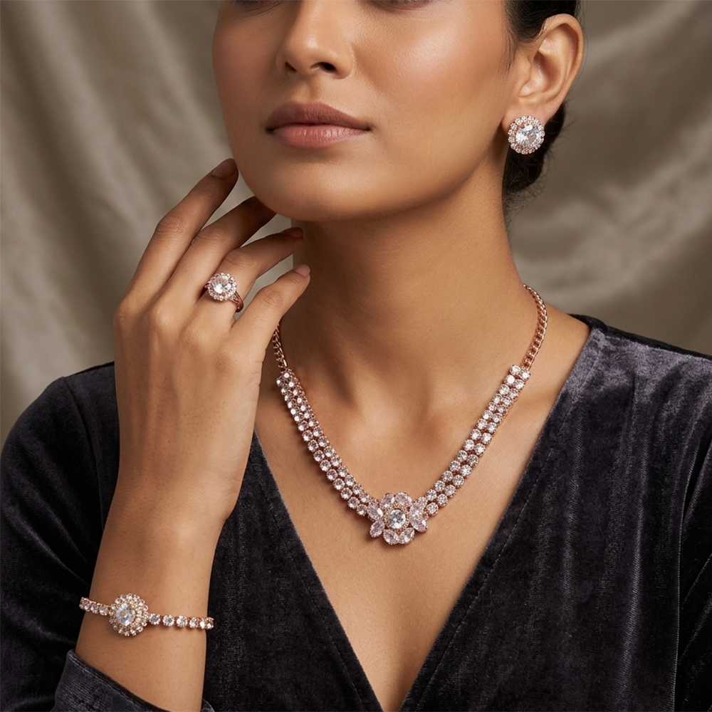 The99Jewel American Diamond Rose Gold Plated Necklace, Earrings, Ring And Bracelet Combo