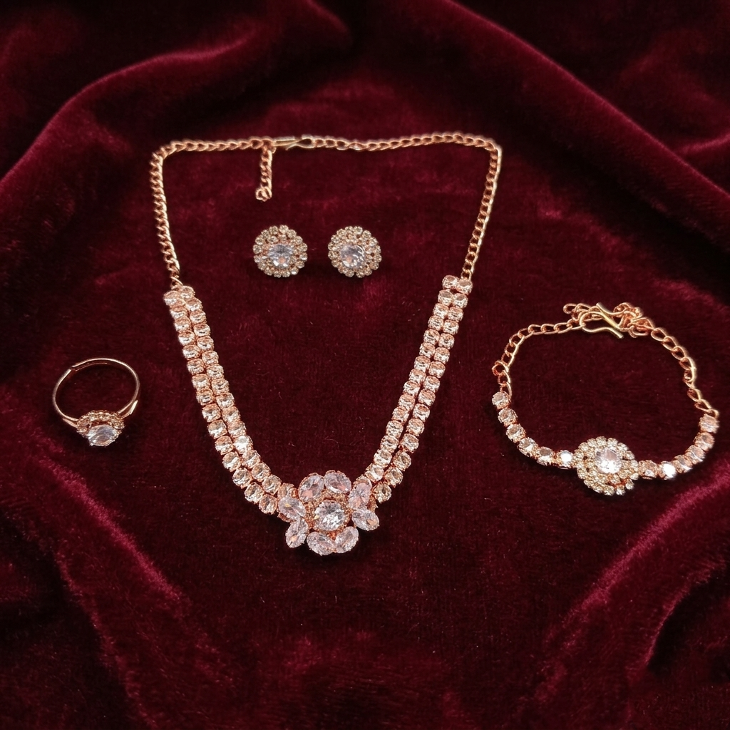 The99Jewel American Diamond Rose Gold Plated Necklace, Earrings, Ring And Bracelet Combo