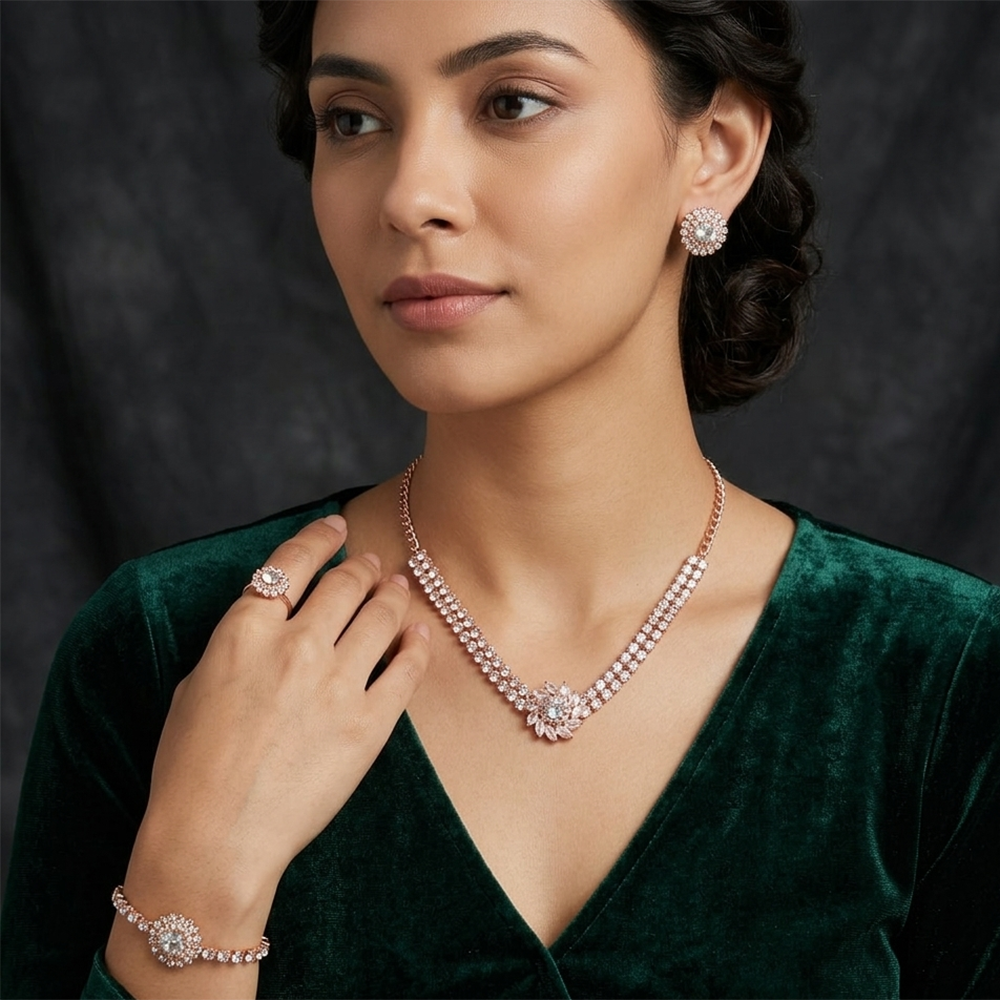 The99Jewel American Diamond Rose Gold Plated Necklace, Earrings, Ring And Bracelet Combo