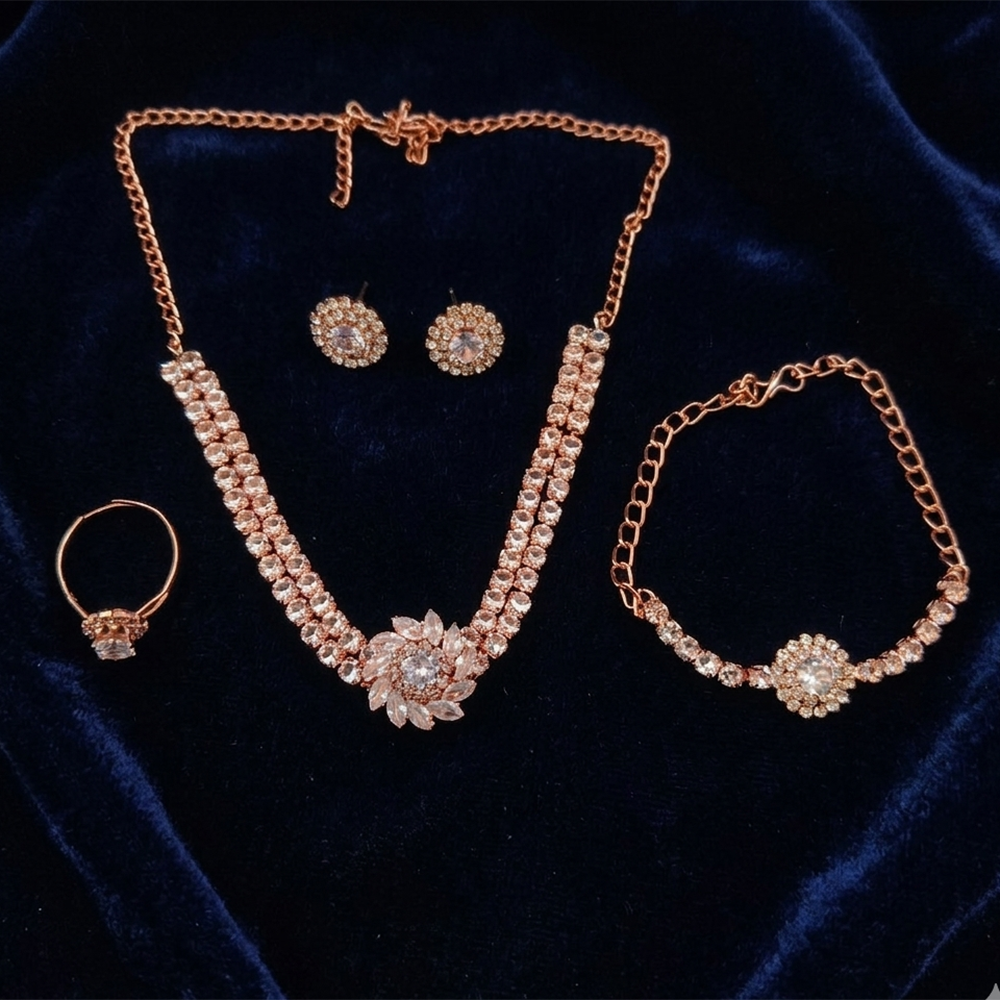 The99Jewel American Diamond Rose Gold Plated Necklace, Earrings, Ring And Bracelet Combo