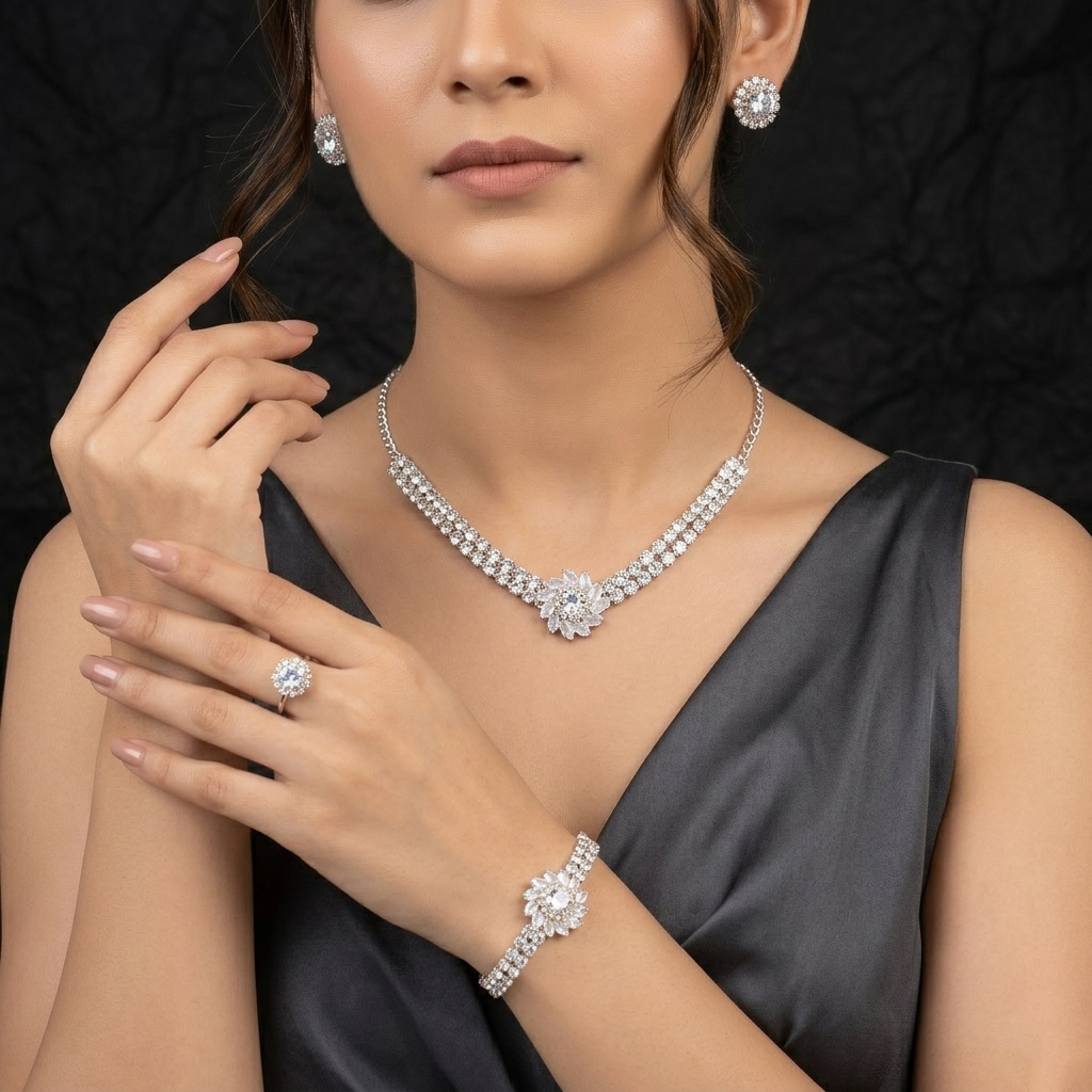 The99Jewel American Diamond Silver Plated Necklace, Earrings, Ring And Bracelet Combo