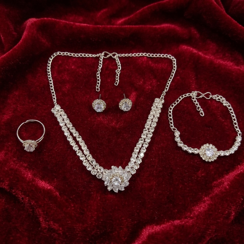The99Jewel American Diamond Silver Plated Necklace, Earrings, Ring And Bracelet Combo