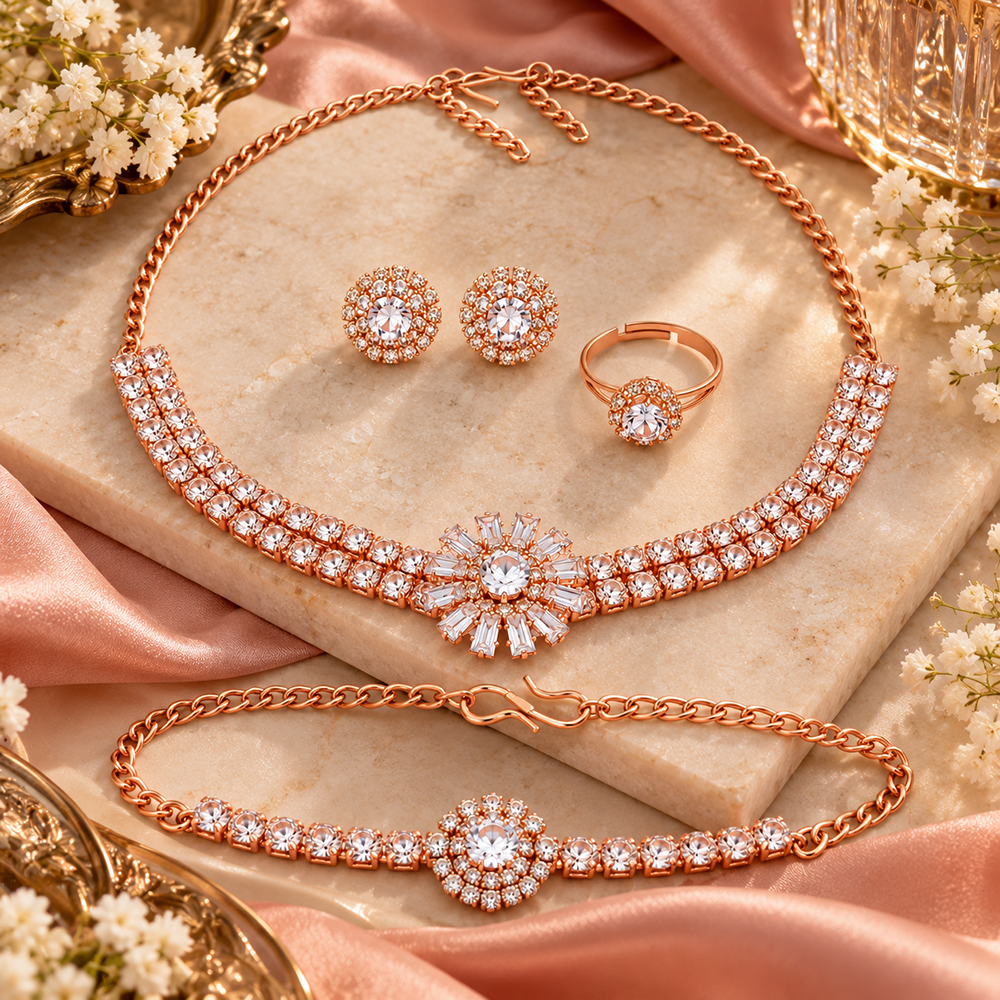 The99Jewel Crystal Stone Rose Gold Plated Necklace Set with Matching Drop Earrings